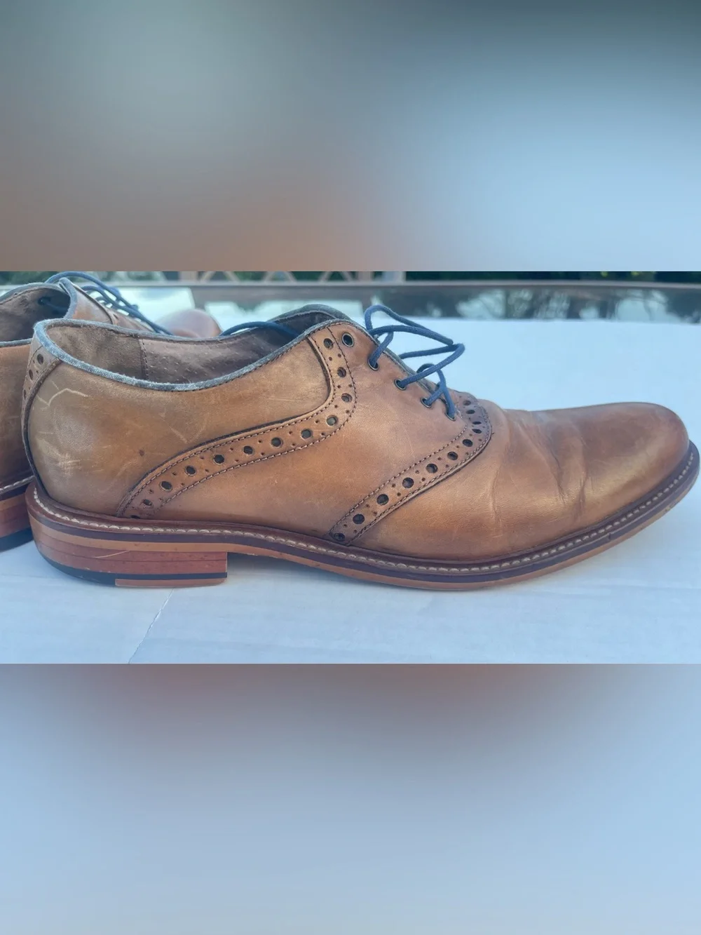 Men's Tan Leather Brogue Derbys with Blue Laces